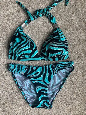 Venus Women's 2-Piece Bikini, Blue Black Zebra Print, size 4/S NWOT